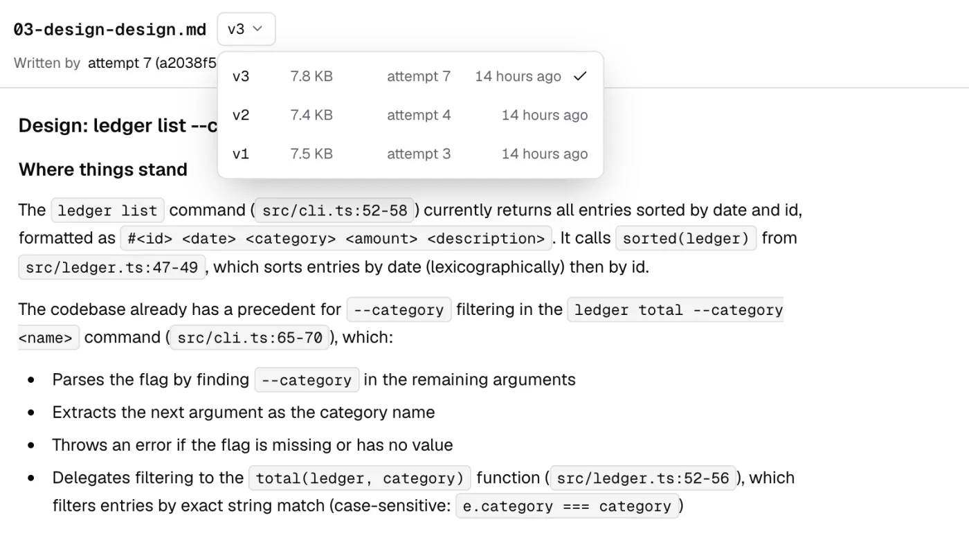 The Artifacts tab: 03-design-design.md with a version menu listing v3, v2 and v1 and the attempts that wrote them.